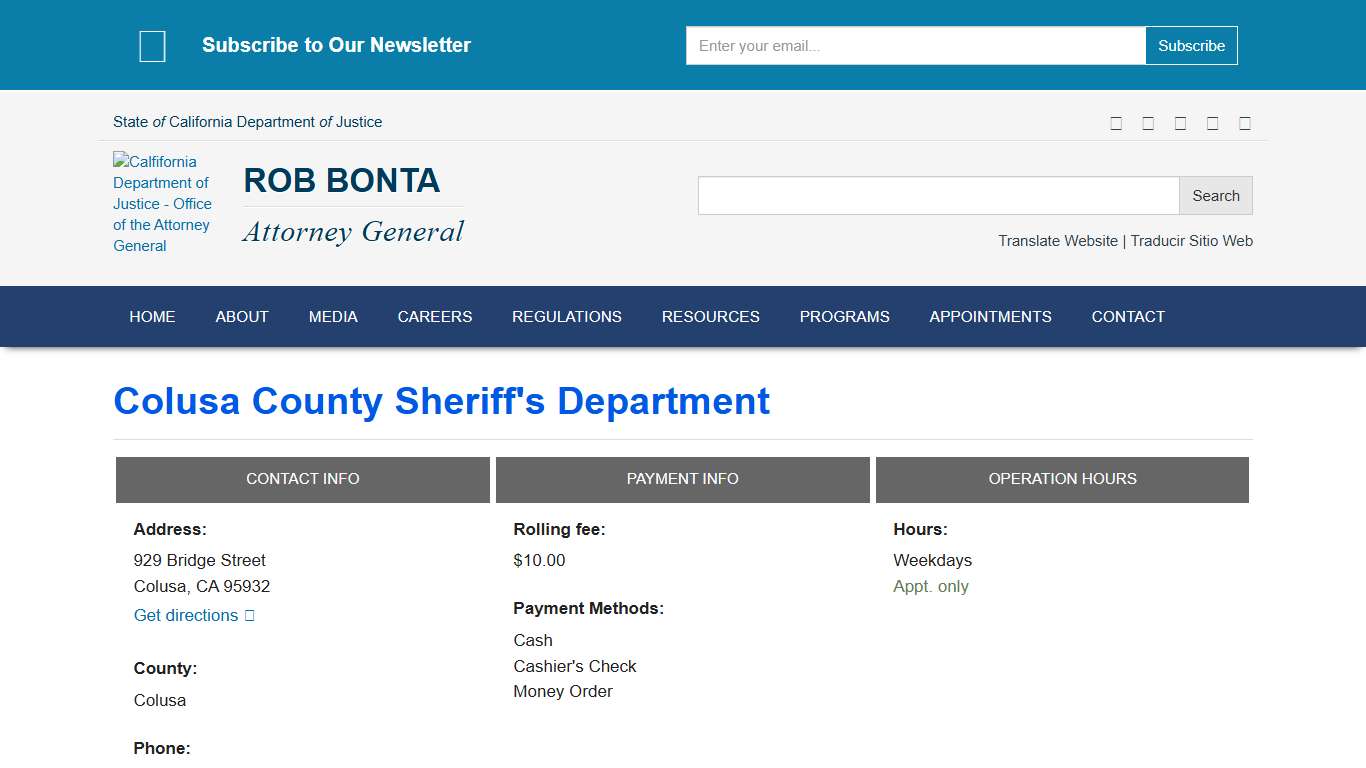 Colusa County Sheriff's Department | State of California - Department of Justice - Office of the Attorney General